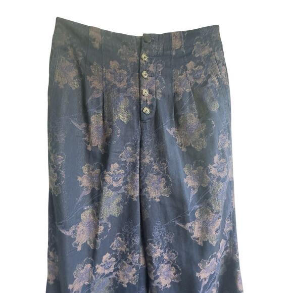 Pilcro Anthropologie Metallic Floral Brocade Wide Leg Pants Blue Gold Sz 30 - Picture 4 of 14
